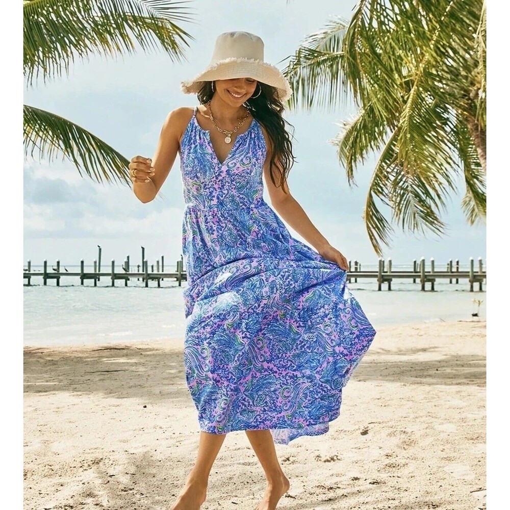 Lilly Pulitzer Maribella Halter Maxi Dress Tiered Swing Beach Cotton XL 282173